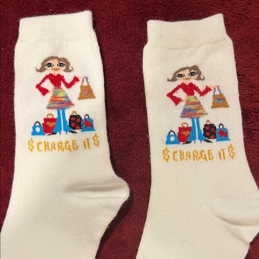 White $Charge it$ Shop Til You Drop Graphic Socks - Picture 6 of 7